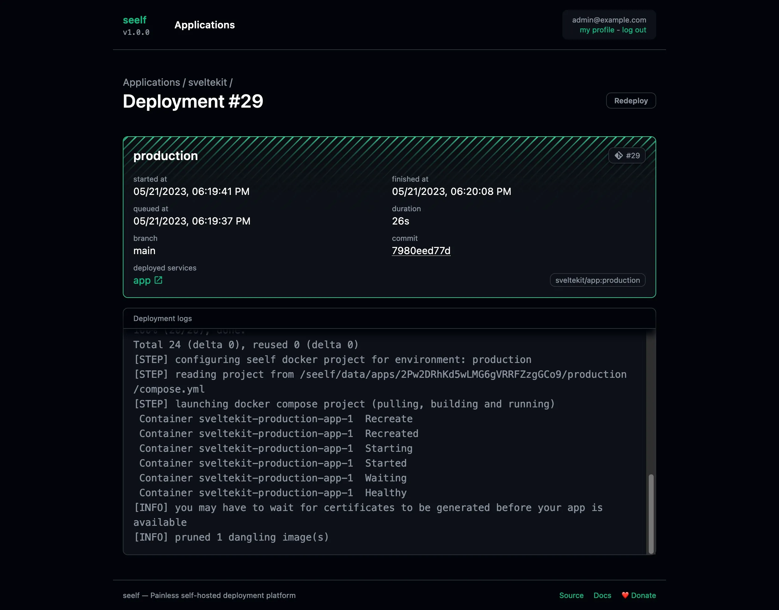 seelf logs déploiement