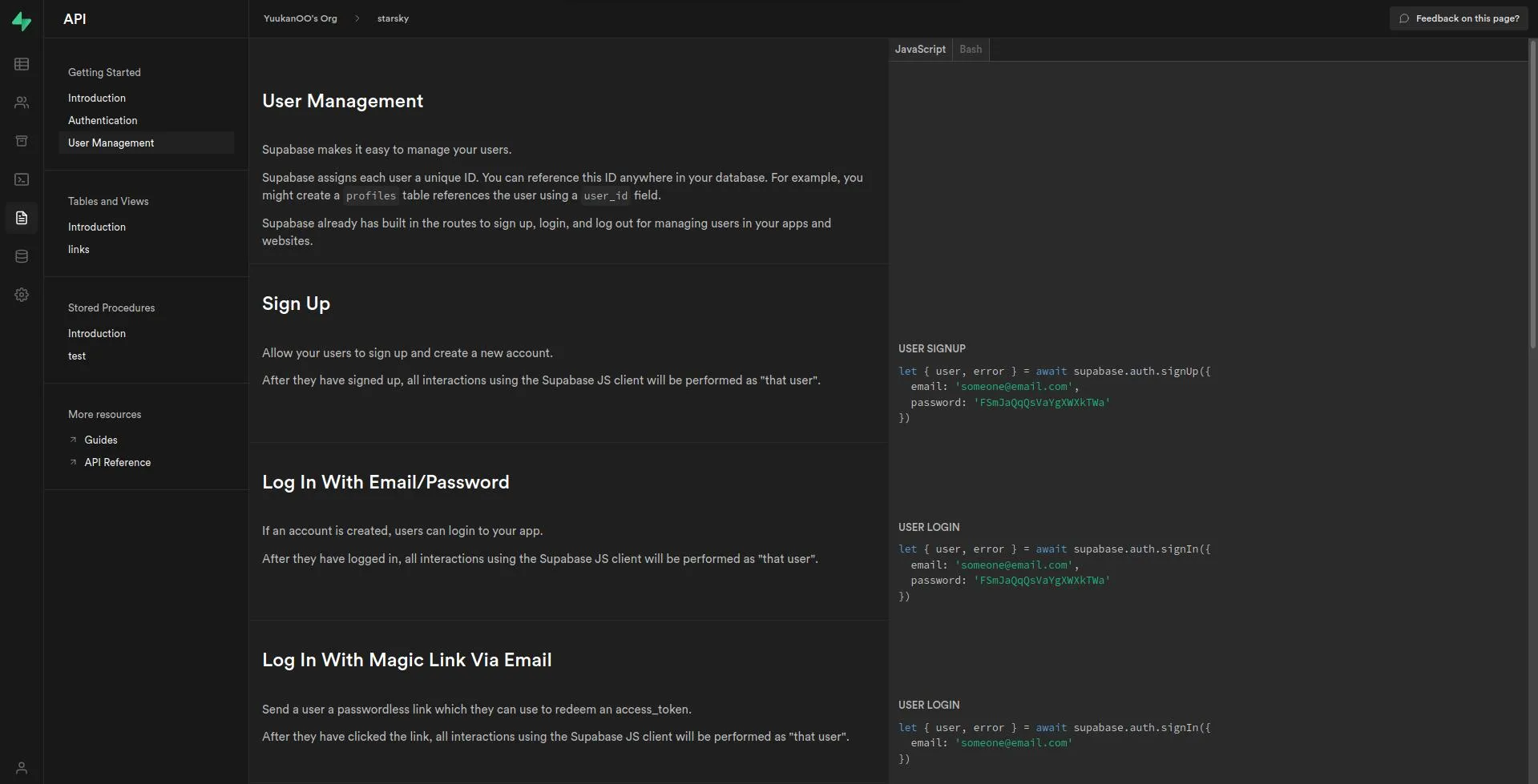 Supabase API Dashboard