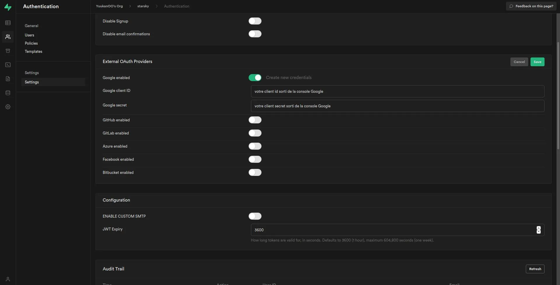 Supabase authentication settings